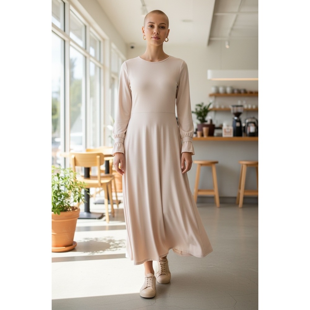 Women Cream Long Sleeve Ruffle Cuff Pleated High Low Midi Dress Plus Size 5XL‎